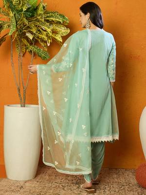 women sea green organza solid embroidered a-line kurta dhoti pant with dupatta 4