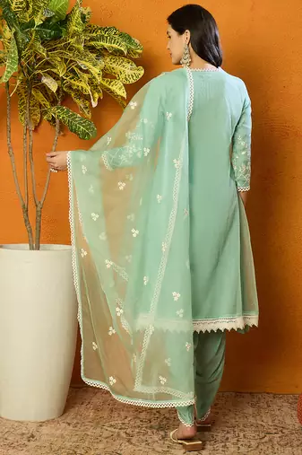 women sea green organza solid embroidered a-line kurta dhoti pant with dupatta