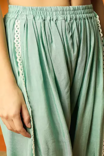 women sea green organza solid embroidered a-line kurta dhoti pant with dupatta