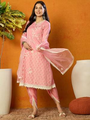 Ahika women pink organza solid embroidered a-line kurta dhoti pant with dupatta 1