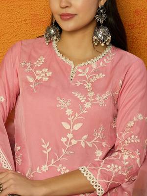 Ahika women pink organza solid embroidered a-line kurta dhoti pant with dupatta 2