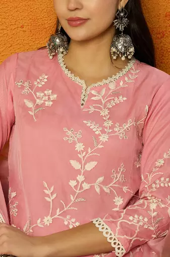 Ahika women pink organza solid embroidered a-line kurta dhoti pant with dupatta