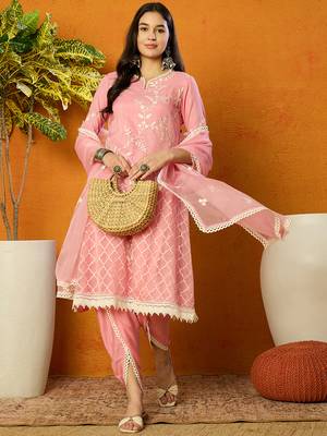 Ahika women pink organza solid embroidered a-line kurta dhoti pant with dupatta 3