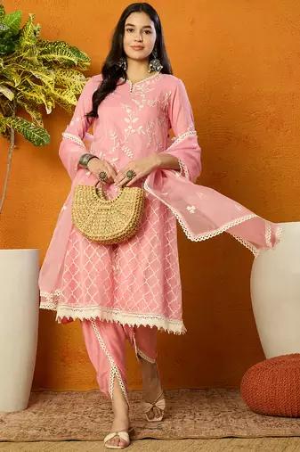 Ahika women pink organza solid embroidered a-line kurta dhoti pant with dupatta