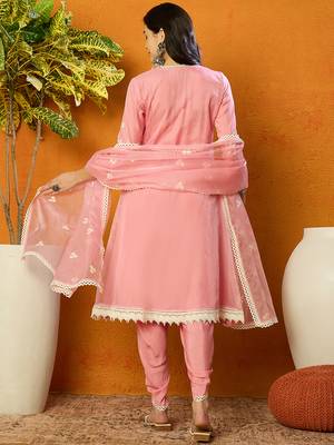 Ahika women pink organza solid embroidered a-line kurta dhoti pant with dupatta 4