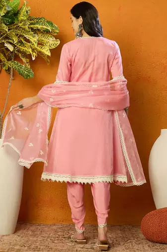 Ahika women pink organza solid embroidered a-line kurta dhoti pant with dupatta