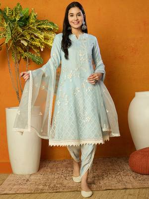 Ahika women blue organza solid embroidered a-line kurta dhoti pant with dupatta 1