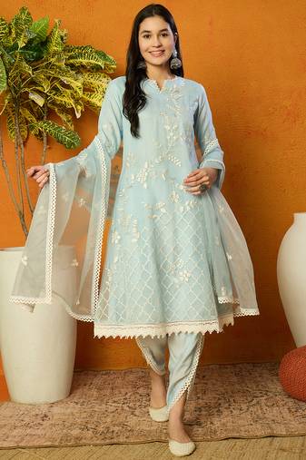 Ahika women blue organza solid embroidered a-line kurta dhoti pant with dupatta
