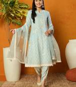 Ahika women blue organza solid embroidered a-line kurta dhoti pant with dupatta