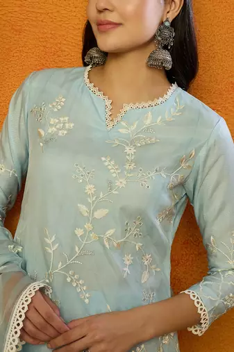 Ahika women blue organza solid embroidered a-line kurta dhoti pant with dupatta