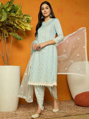 Ahika women blue organza solid embroidered a-line kurta dhoti pant with dupatta 3