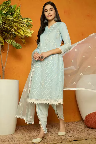 Ahika women blue organza solid embroidered a-line kurta dhoti pant with dupatta