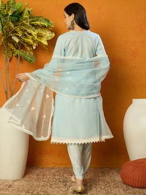 Ahika women blue organza solid embroidered a-line kurta dhoti pant with dupatta 4