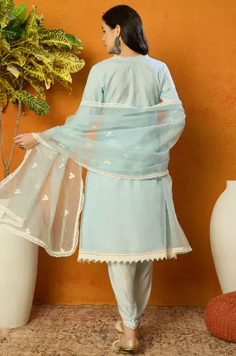 Ahika women blue organza solid embroidered a-line kurta dhoti pant with dupatta