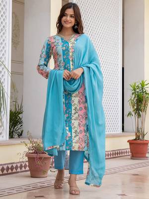 women multi cotton blend floral printed straight kurta trouser with dupatta 1