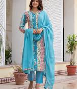 women multi cotton blend floral printed straight kurta trouser with dupatta