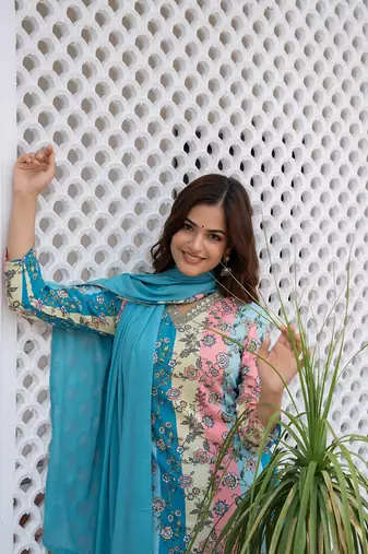 women multi cotton blend floral printed straight kurta trouser with dupatta