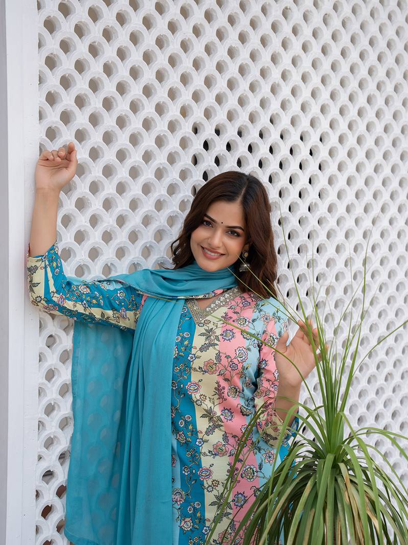 women multi cotton blend floral printed straight kurta trouser with dupatta