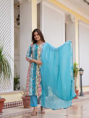 women multi cotton blend floral printed straight kurta trouser with dupatta 3