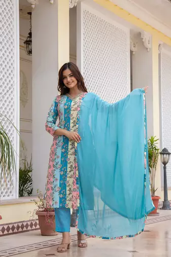 women multi cotton blend floral printed straight kurta trouser with dupatta