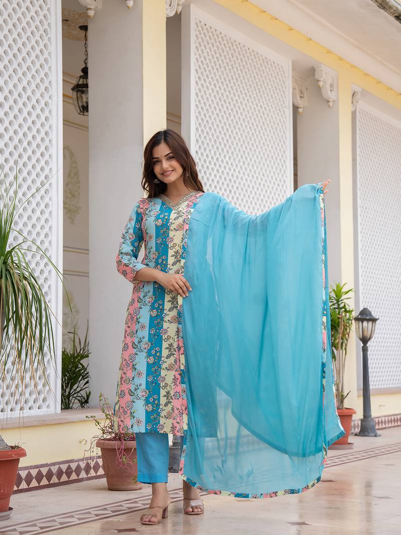 women multi cotton blend floral printed straight kurta trouser with dupatta
