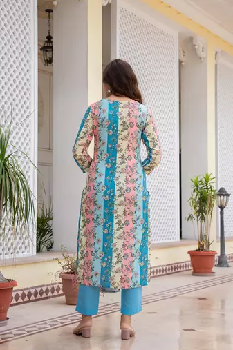 women multi cotton blend floral printed straight kurta trouser with dupatta
