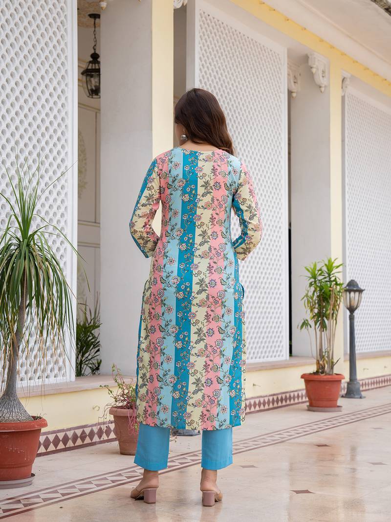 women multi cotton blend floral printed straight kurta trouser with dupatta