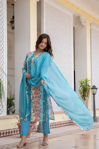 women multi cotton blend floral printed straight kurta trouser with dupatta