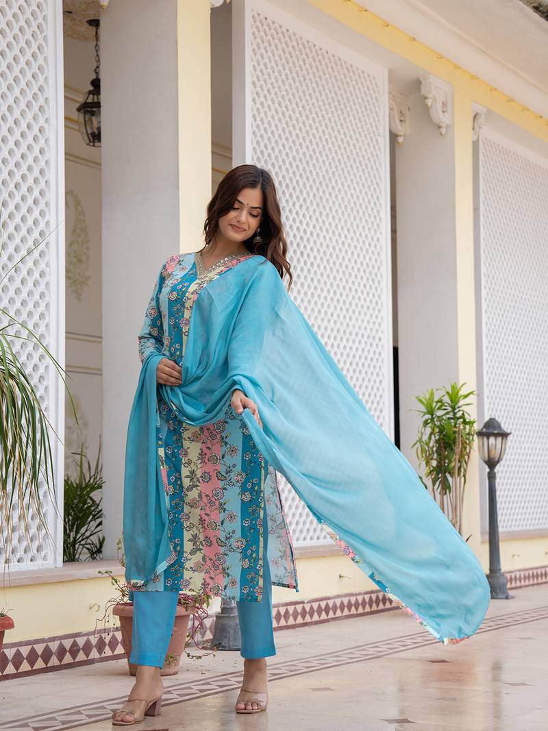 women multi cotton blend floral printed straight kurta trouser with dupatta