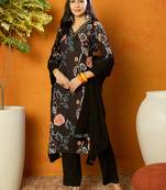 women black cotton blend floral printed straight kurta trouser with dupatta