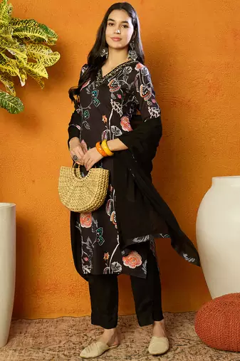 women black cotton blend floral printed straight kurta trouser with dupatta