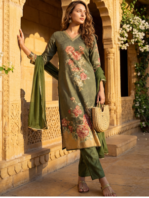women olive rayon blend floral printed straight kurta trouser with dupatta 1