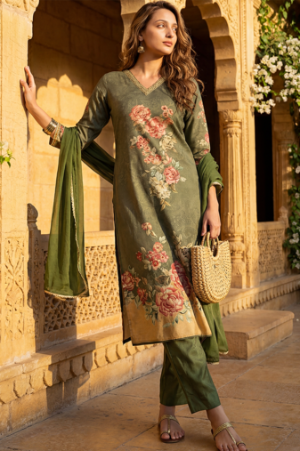 women olive rayon blend floral printed straight kurta trouser with dupatta