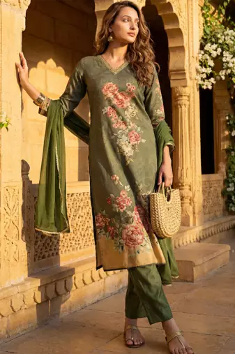 women olive rayon blend floral printed straight kurta trouser with dupatta