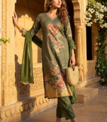 women olive rayon blend floral printed straight kurta trouser with dupatta