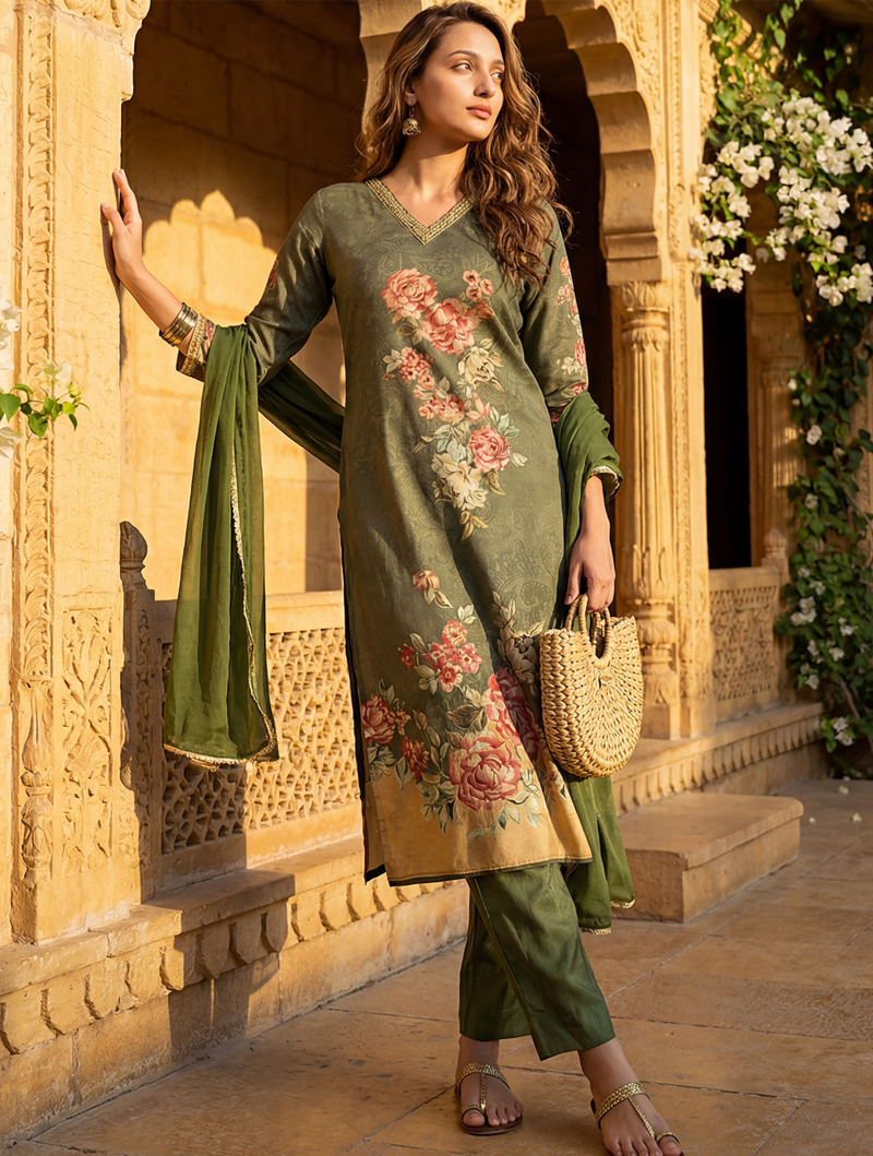 women olive rayon blend floral printed straight kurta trouser with dupatta