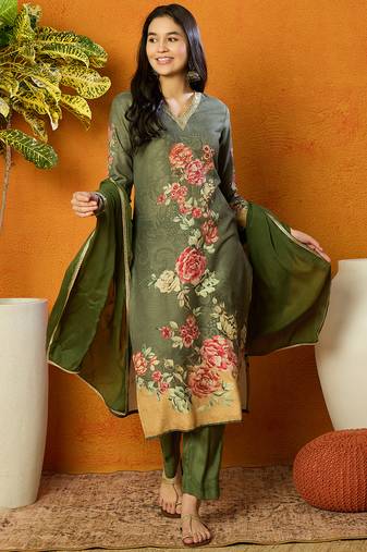 women olive rayon blend floral printed straight kurta trouser with dupatta