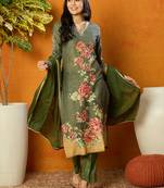 women olive rayon blend floral printed straight kurta trouser with dupatta
