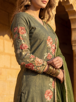 women olive rayon blend floral printed straight kurta trouser with dupatta 2