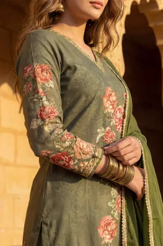 women olive rayon blend floral printed straight kurta trouser with dupatta