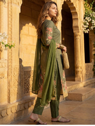 women olive rayon blend floral printed straight kurta trouser with dupatta 3