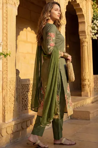 women olive rayon blend floral printed straight kurta trouser with dupatta