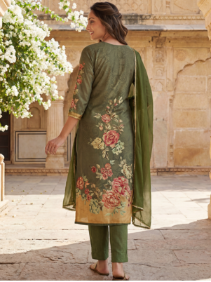 women olive rayon blend floral printed straight kurta trouser with dupatta 4