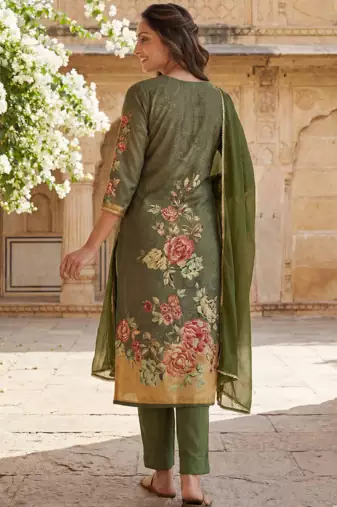 women olive rayon blend floral printed straight kurta trouser with dupatta