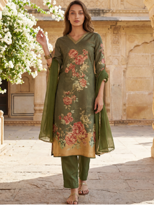 women olive rayon blend floral printed straight kurta trouser with dupatta 5