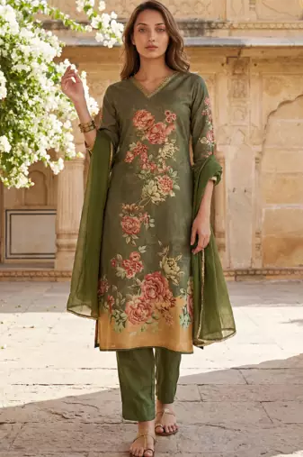 women olive rayon blend floral printed straight kurta trouser with dupatta
