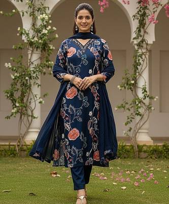 women blue cotton blend floral printed straight kurta trouser with dupatta 1