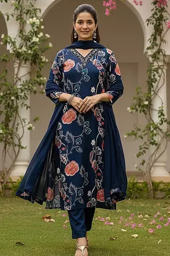 women blue cotton blend floral printed straight kurta trouser with dupatta