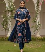 women blue cotton blend floral printed straight kurta trouser with dupatta