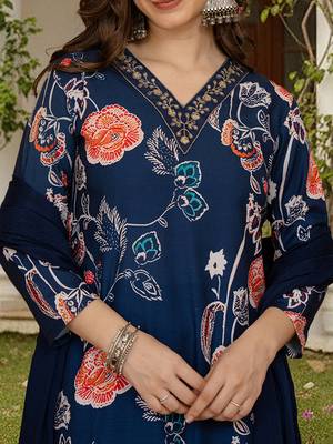 women blue cotton blend floral printed straight kurta trouser with dupatta 2
